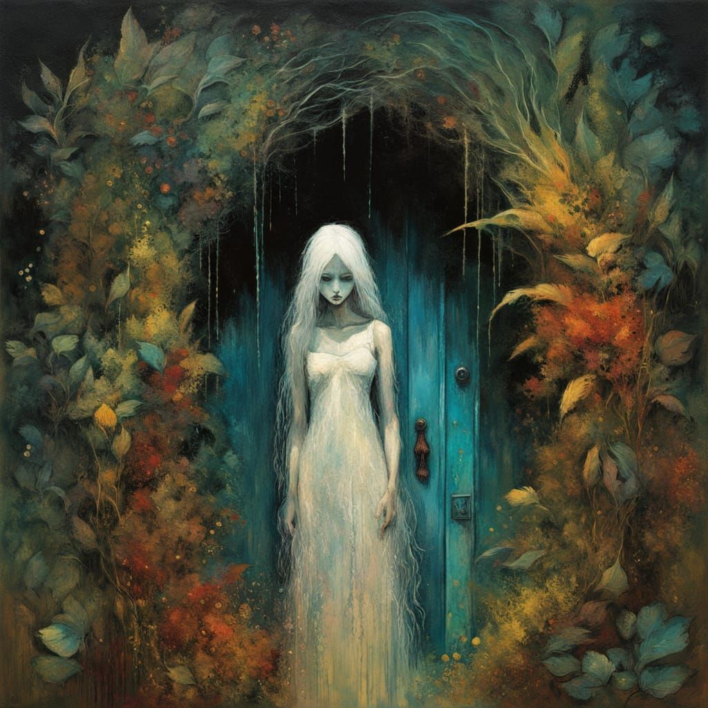 Gothic Female Portrait with Door and Light Wisps