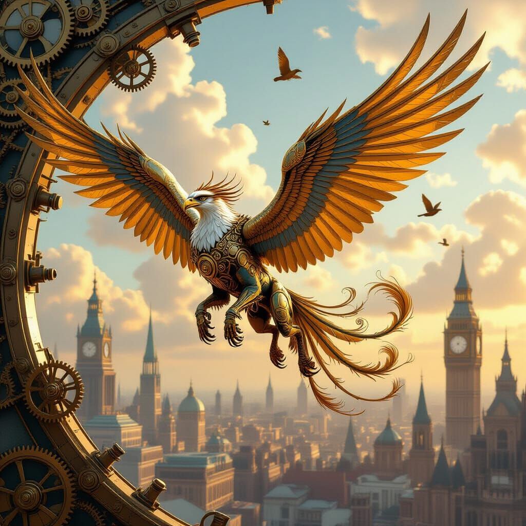 Steampunk Griffin Soaring Through Clockwork Sky