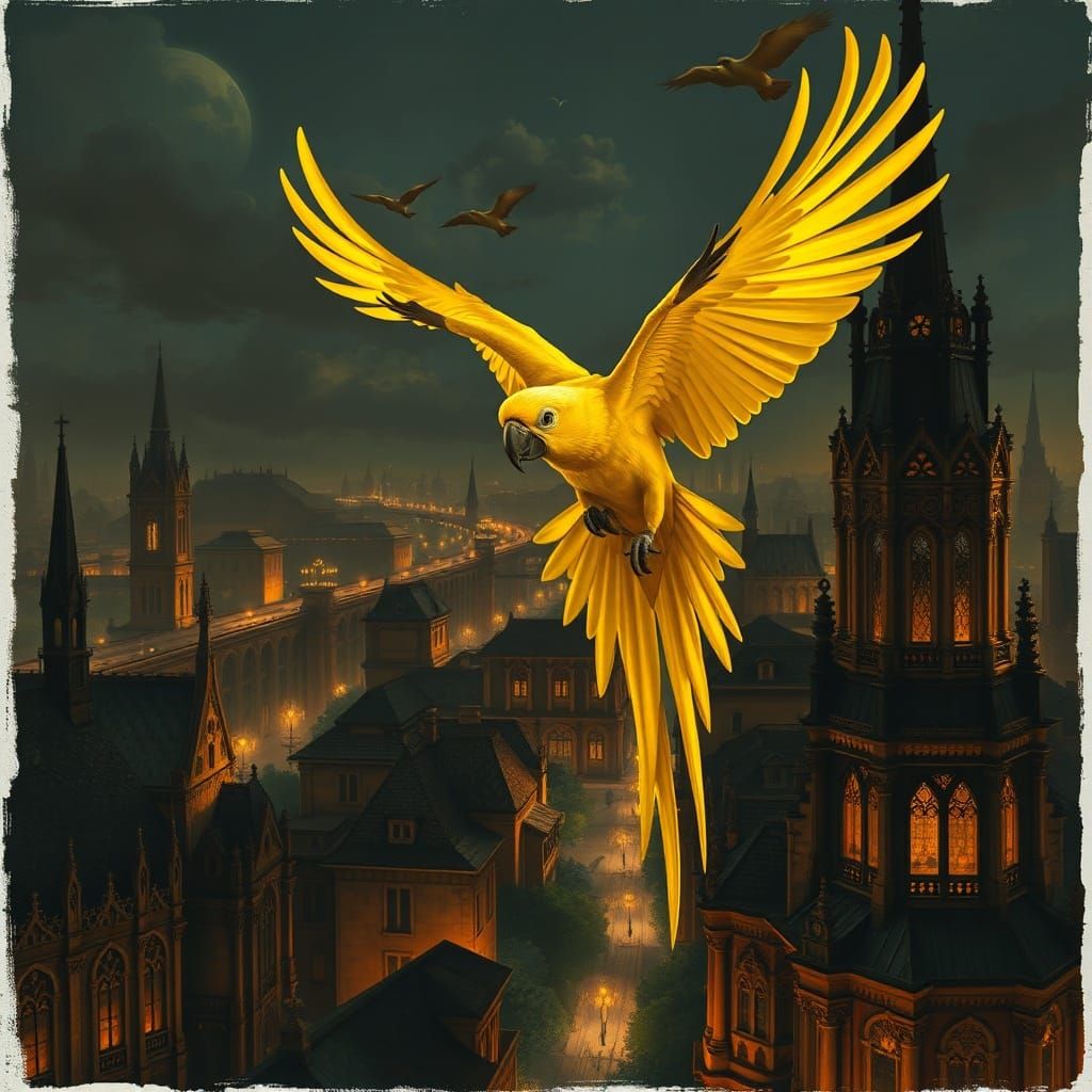Yellow Parrot Flies Over Gothic Art Nouveau Cityscape