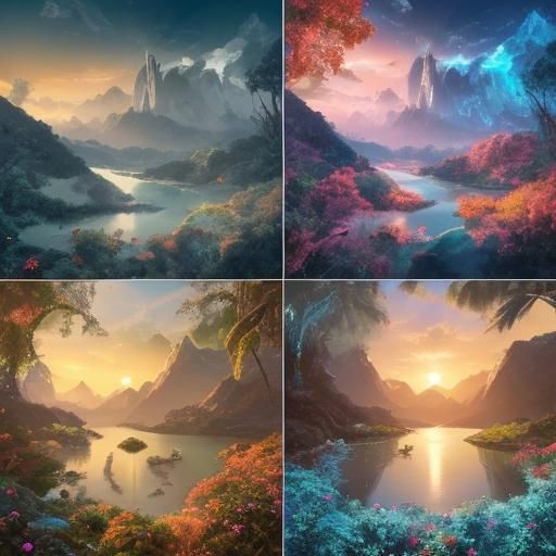 Surreal World with Glowing Flora and Mythical Creatures