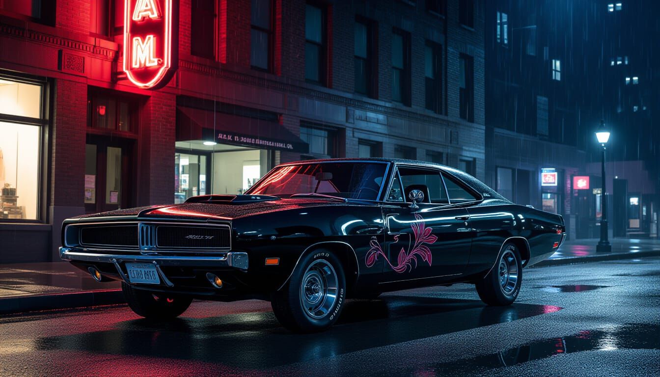 1969 Dodge Charger with Art Nouveau Accents on Wet Street
