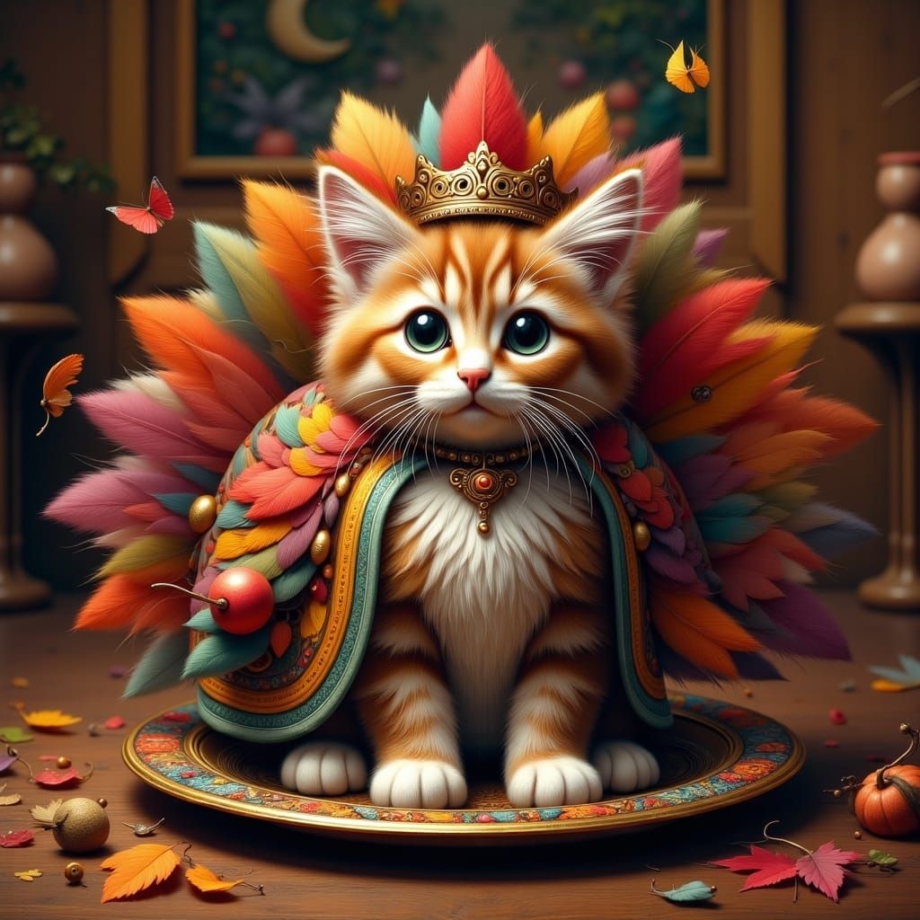Kitten in Turkey Costume, Detailed Matte Painting