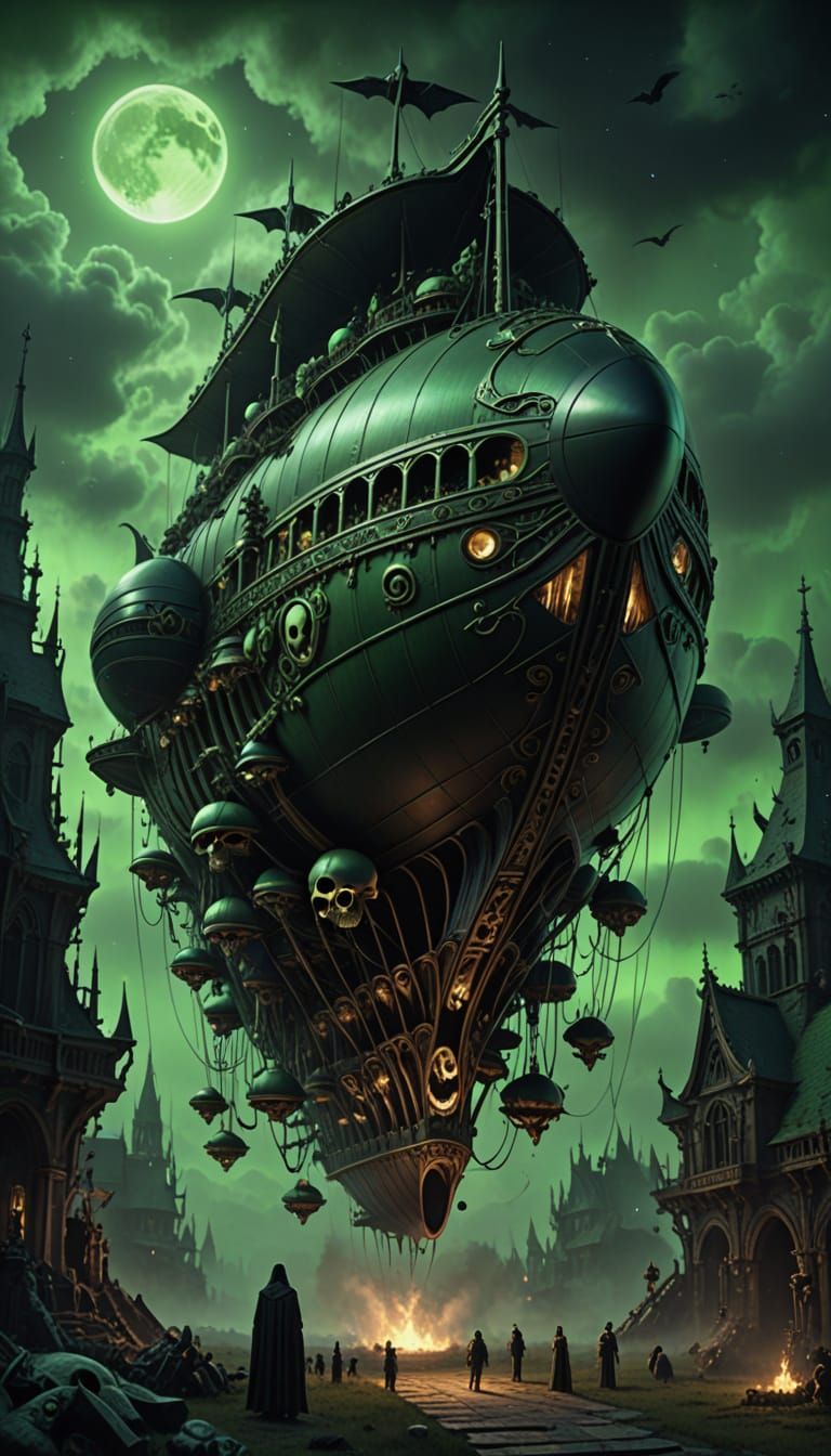 Gothic Bone Airship Soaring Through Misty Sky