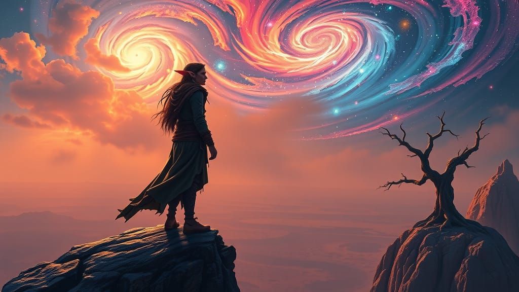 Elf Wanderer on Alien Desert Cliff Under Nebula Sky