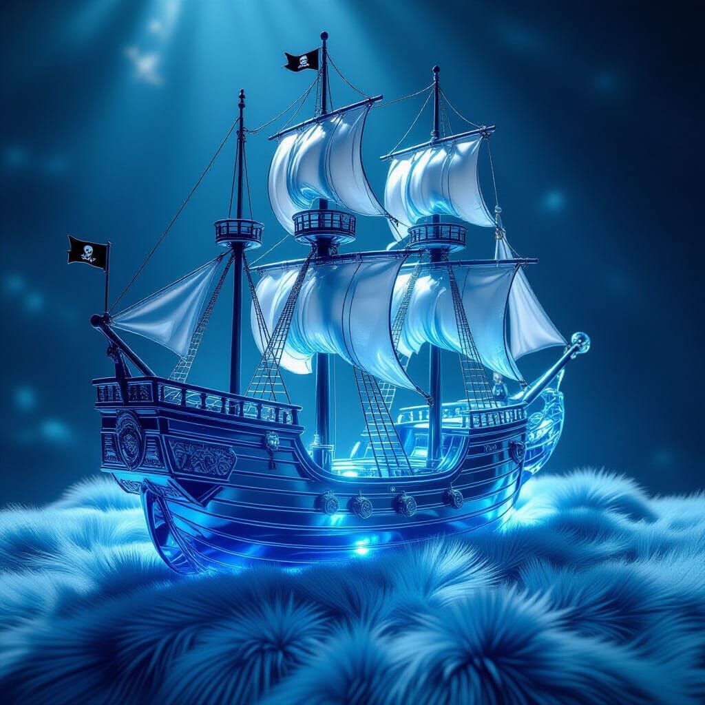 Glass Pirate Ship on Fur Throw in 3D Render
