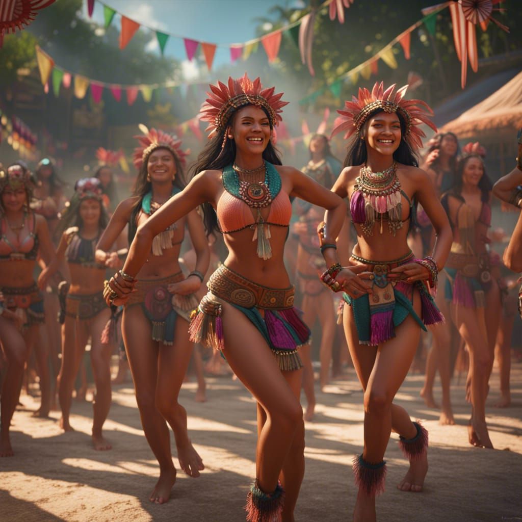 Teens Dancing at Mayan Festival in Detailed Digital Art