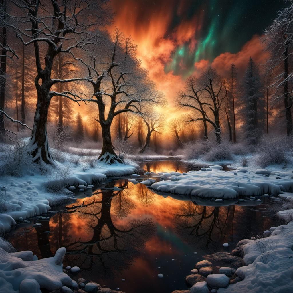 Cosmic Winter Forest in Stained Glass Style