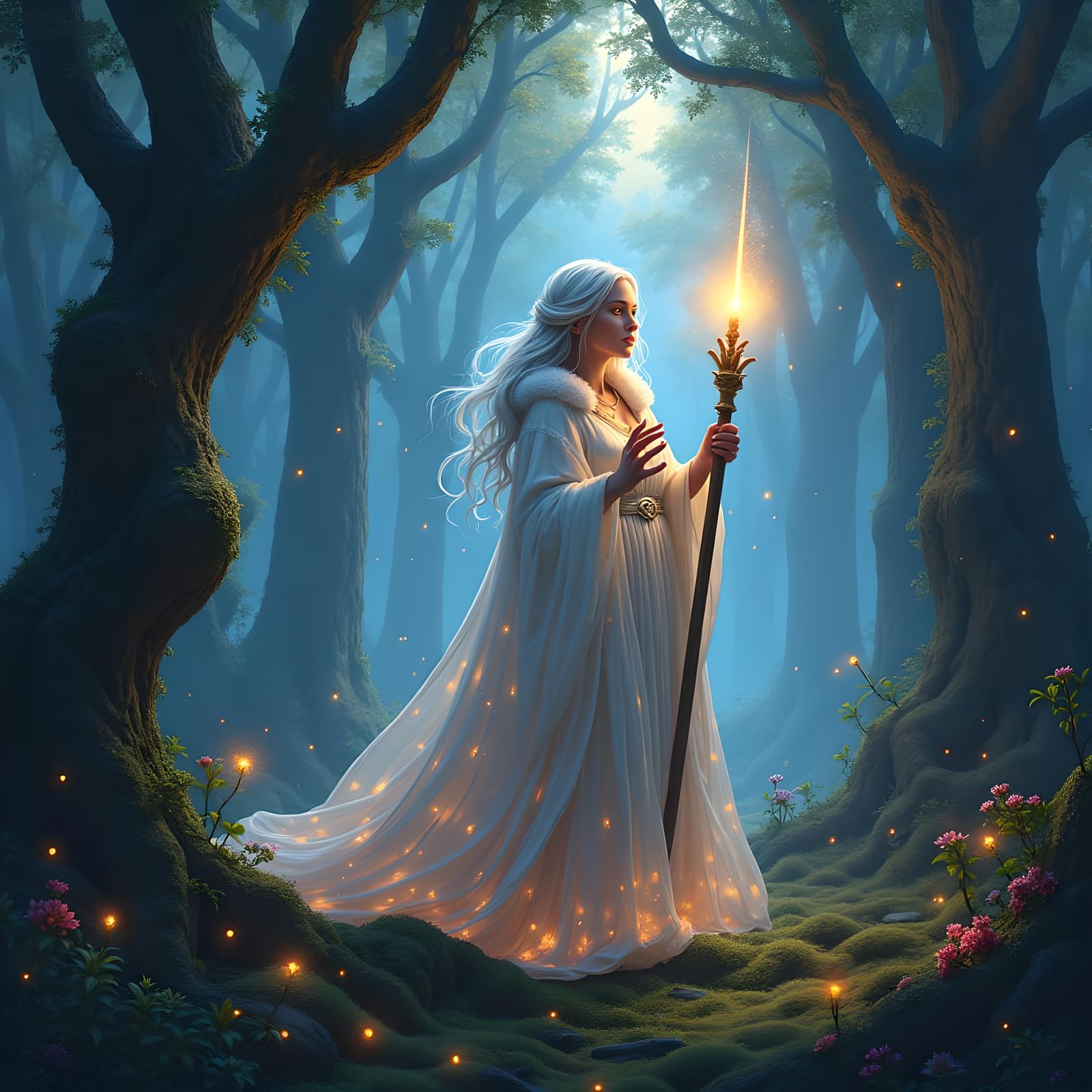 Ethereal Figure in Mystical Forest at Twilight