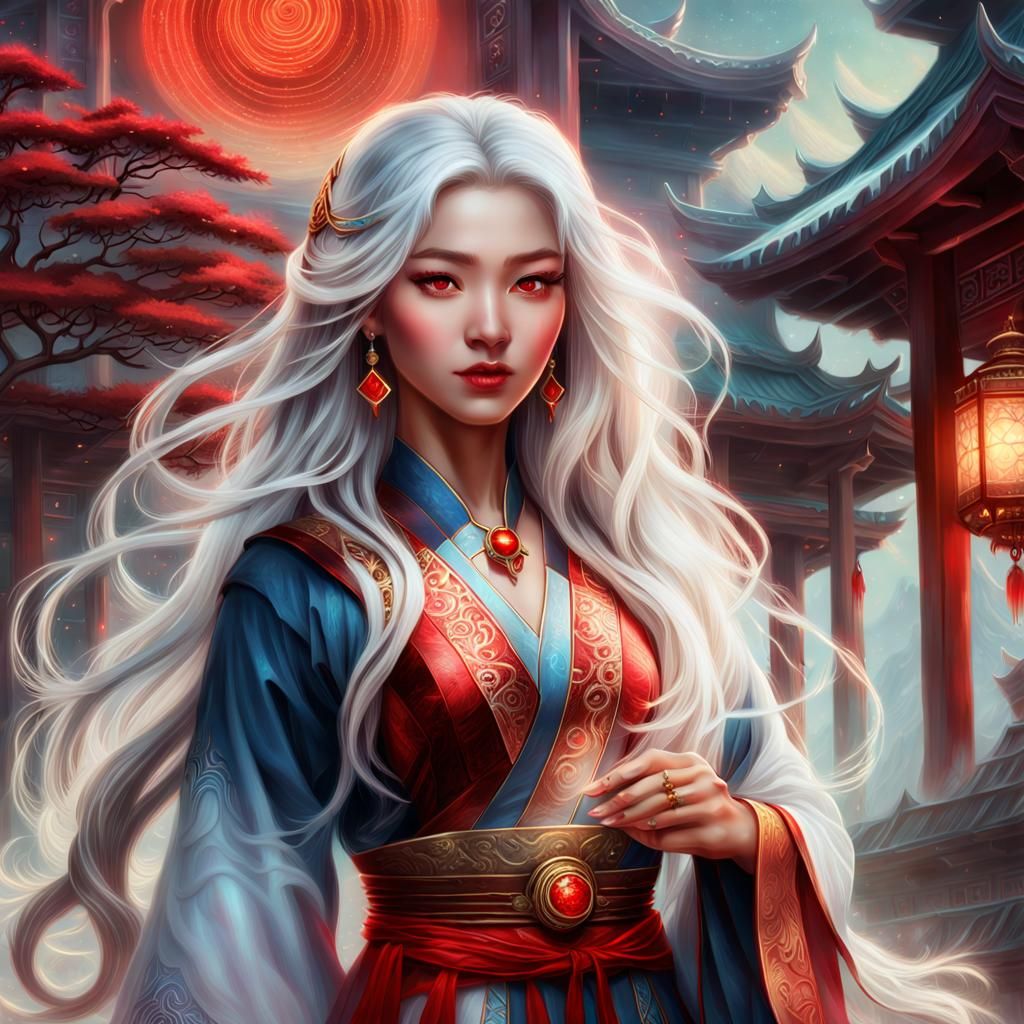 Young lovely Asian sorceress in traditional clothing with lo...