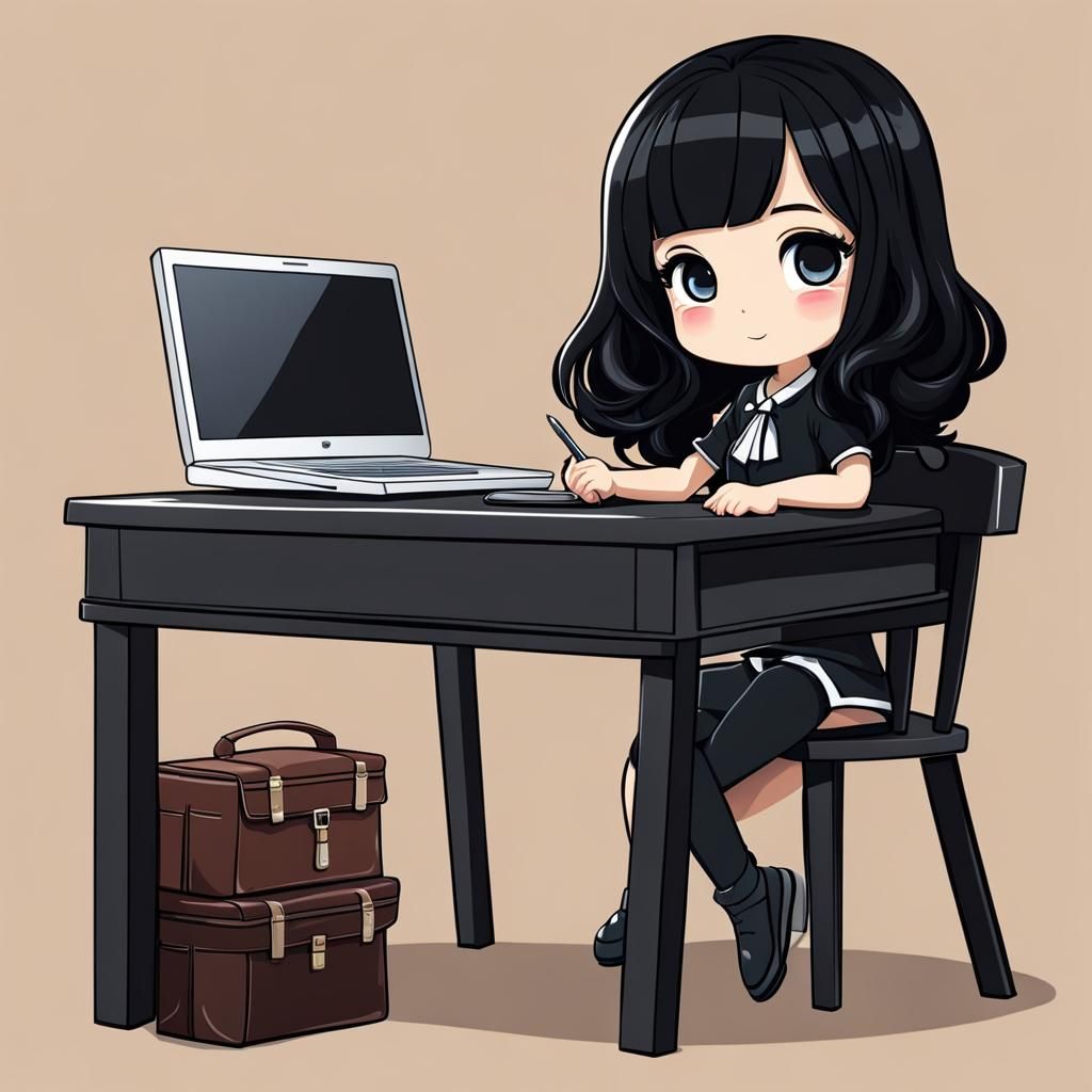 Chibi Black-Haired Girl at Computer in 4K