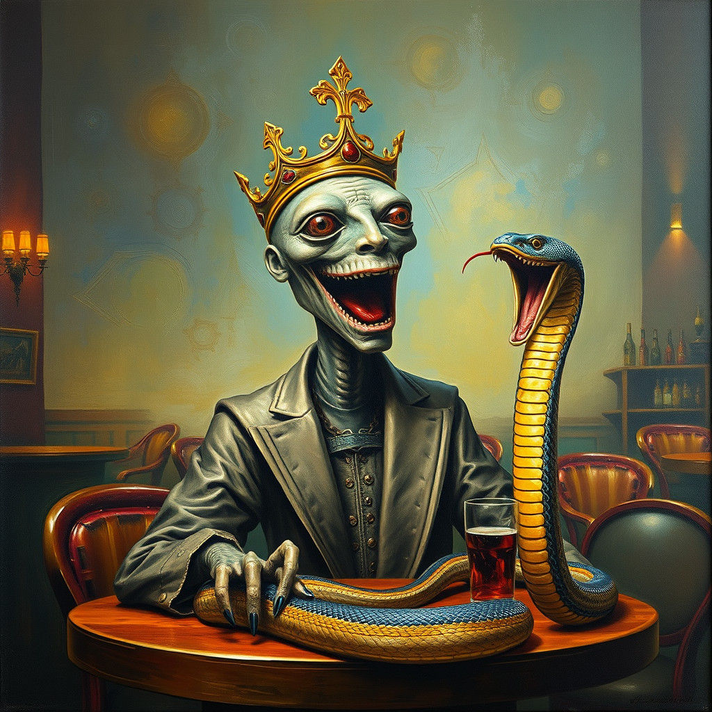 Laughing Android King Cobra in Surreal Pub Scene