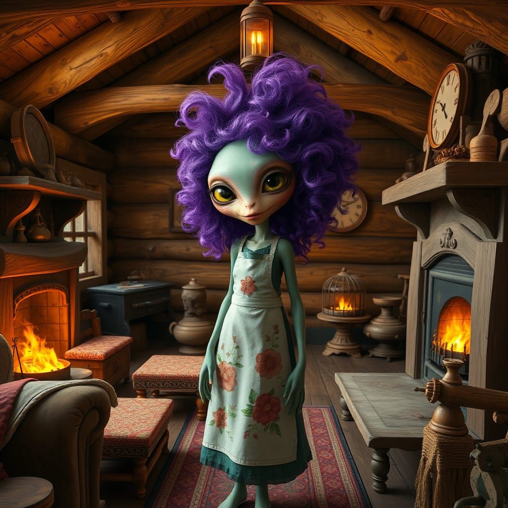 Alien in Log Cabin: Whimsical Digital Art
