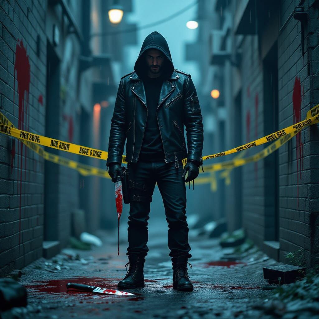 Noir Crime Scene with Investigator and Bloody Knife