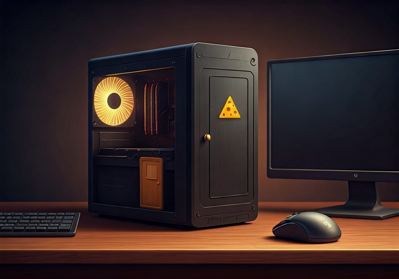 Whimsical Computer with Cheese Symbol in Pixar Style