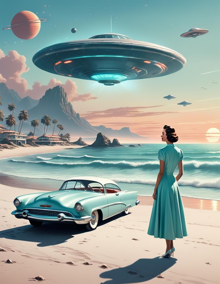 Retro-Futuristic Beach Scene with Flying Saucer