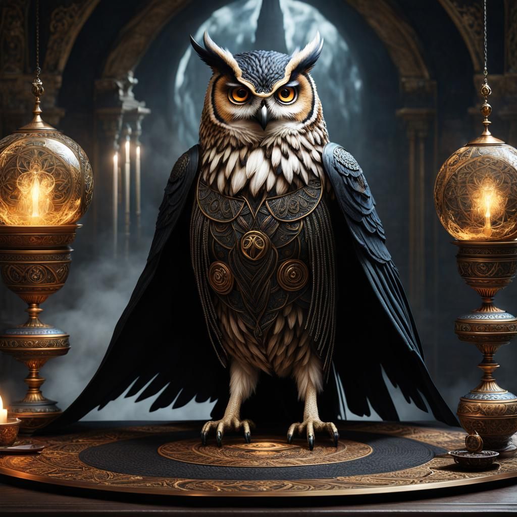Intricate Owl Sorcerer with Crystal Orbs, Dark Fantasy Art