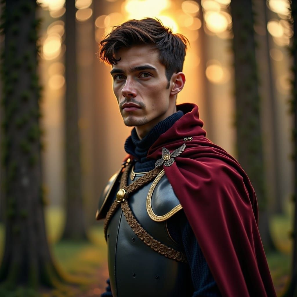 Heroic Prince in Steel Armor at Sunset in a Medieval Forest