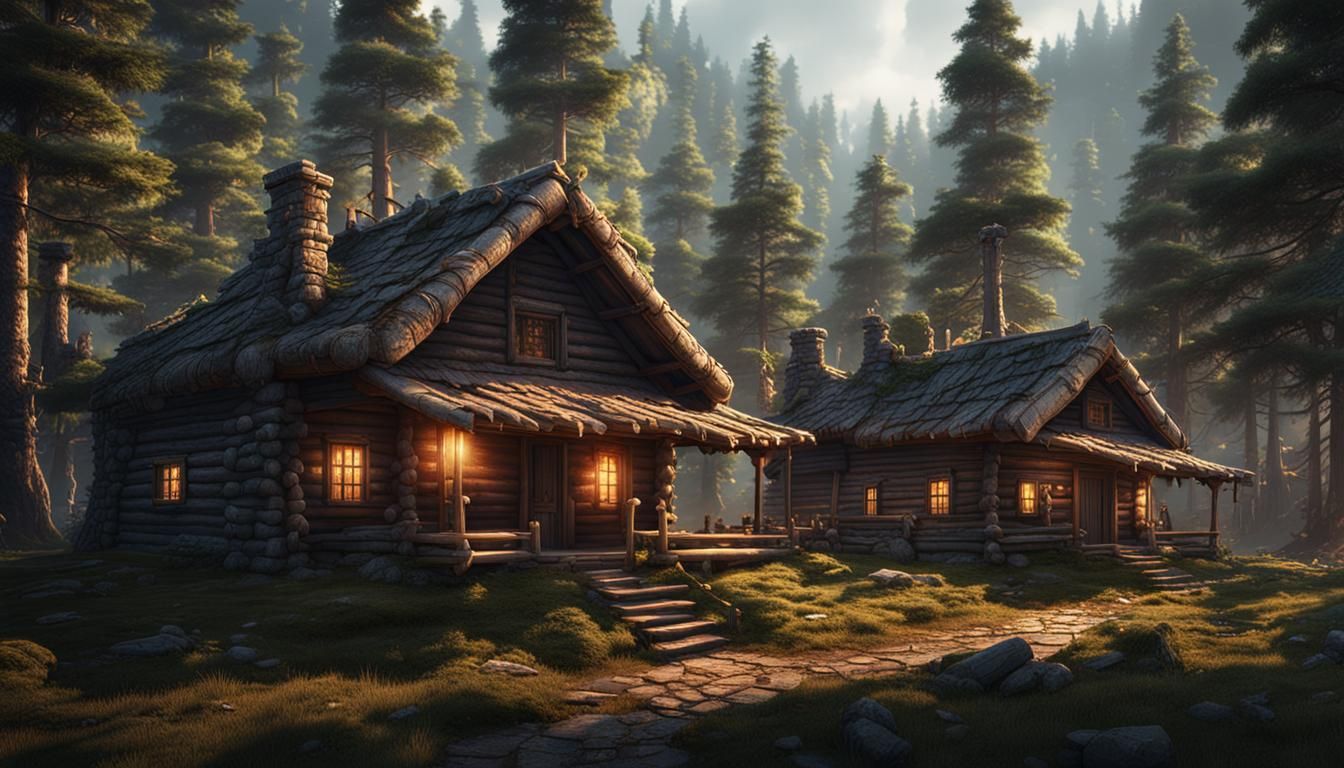 Cabins in Pine Forest: Detailed Matte Painting