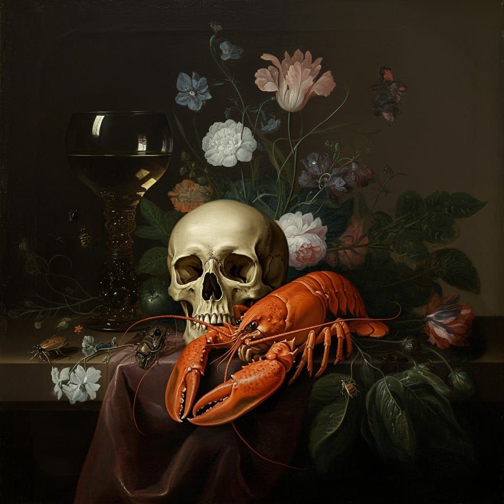 Golden Age Still Life with Skull and Lobster