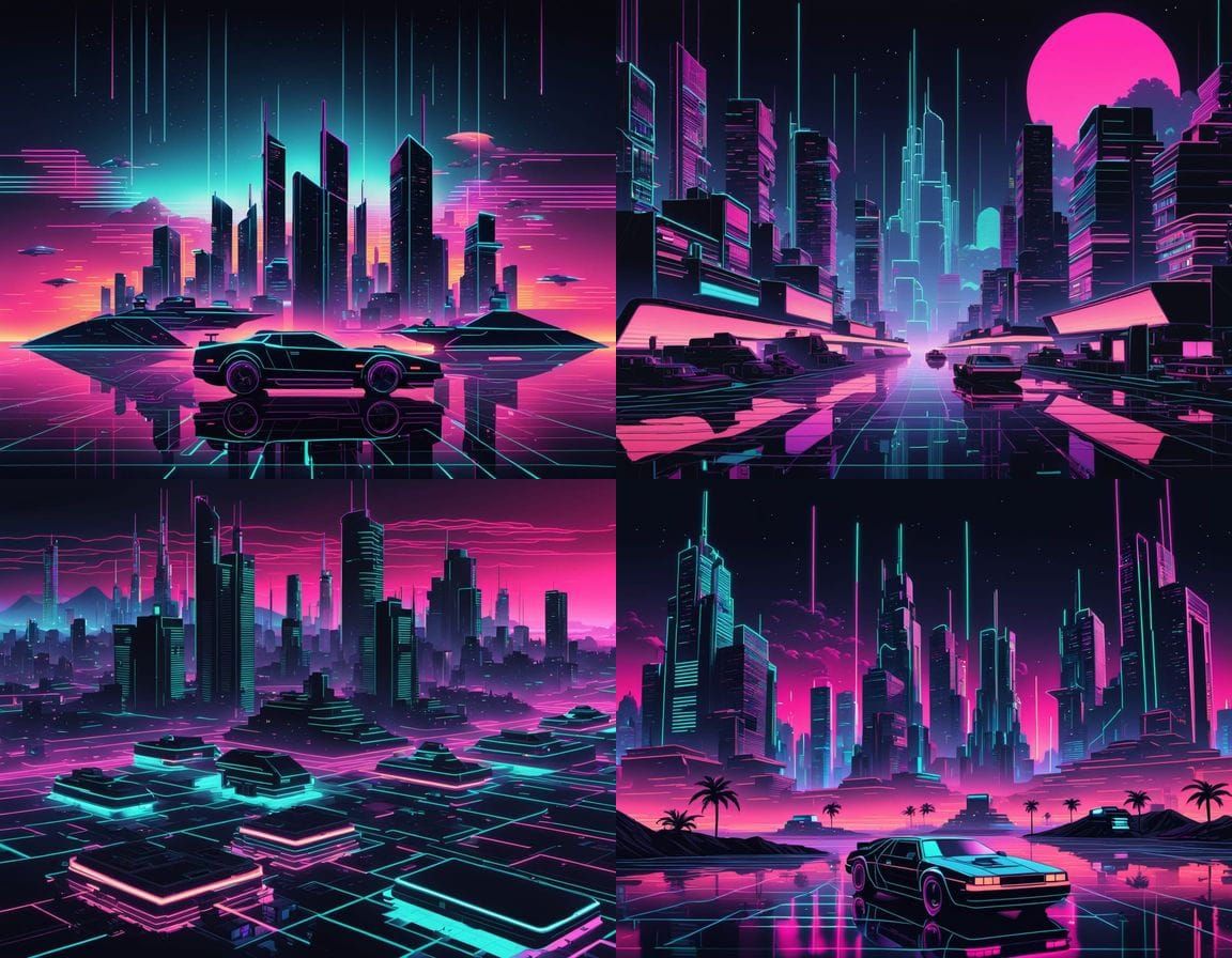 Synthwave City on Floating Island in Neon Retro Style