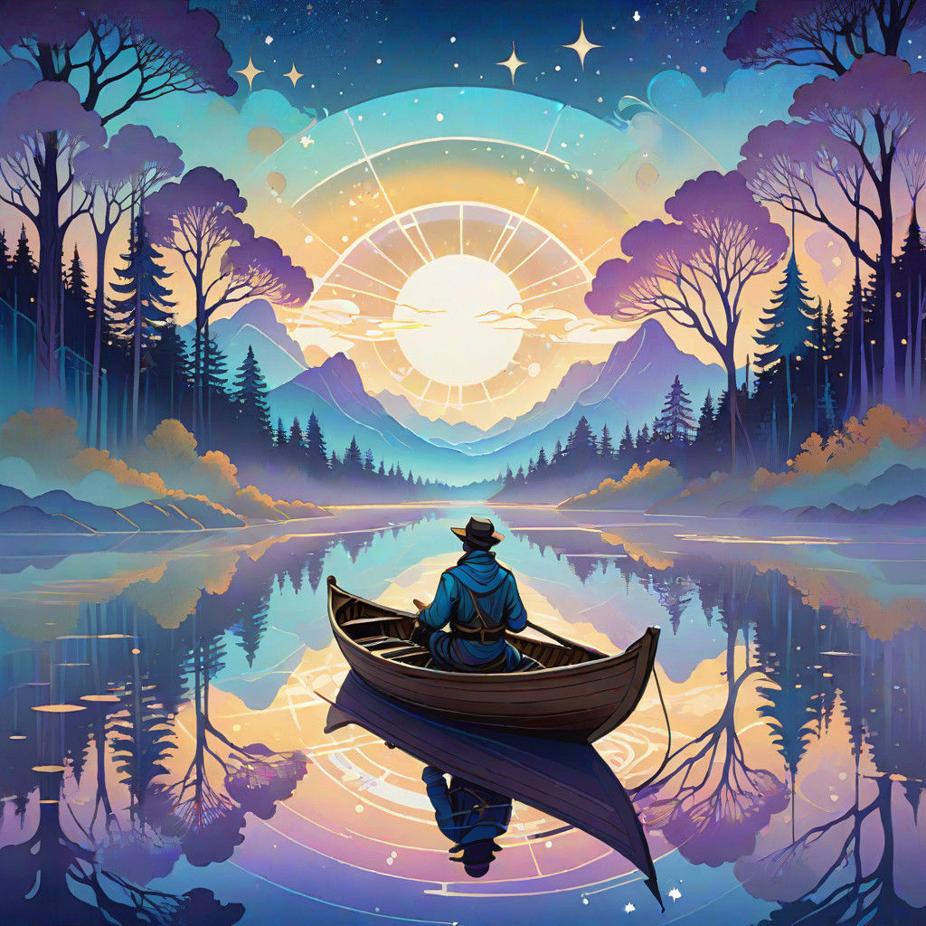 Ethereal Misty Lake Scene in Vibrant Art Nouveau Style