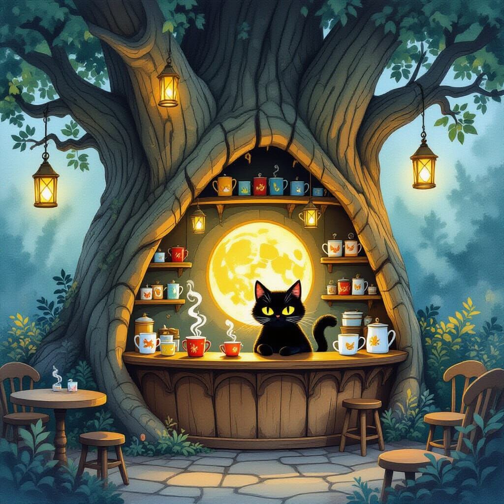 Magical Tree Cafe with Glowing Mugs and Cat Barista