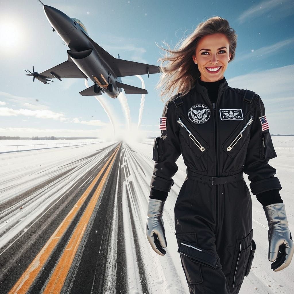 Confident Female Fighter Pilot on Snowy Runway