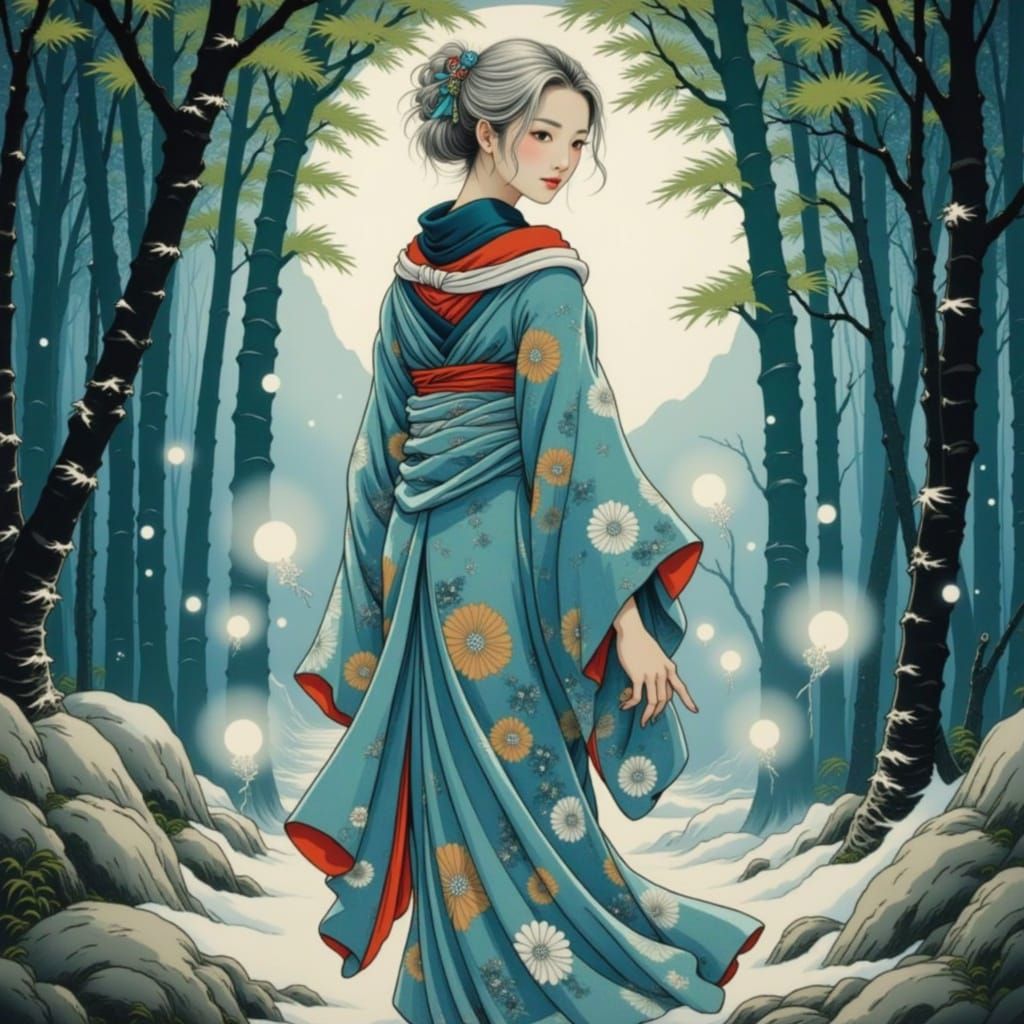 Ethereal Yokai Woman in Moonlit Bamboo Forest