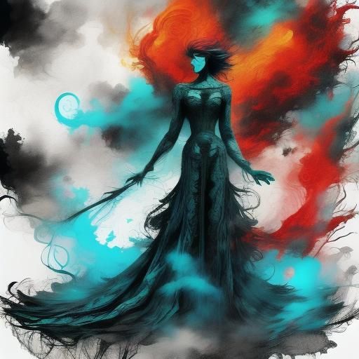 Colorful Ink Flow Lace Dress with Smoke and Fire