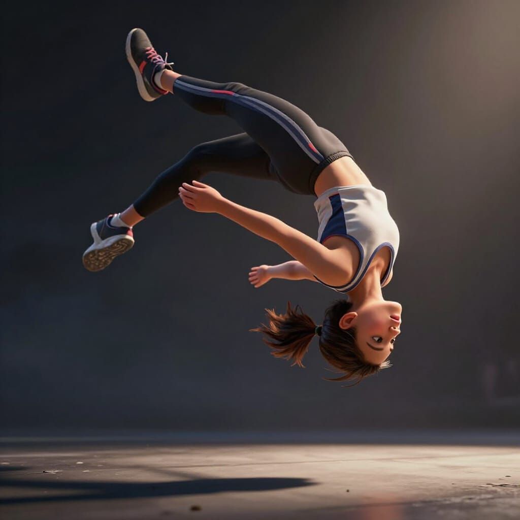 Girl Performs Epic Backflip in 3D Rendered Scene