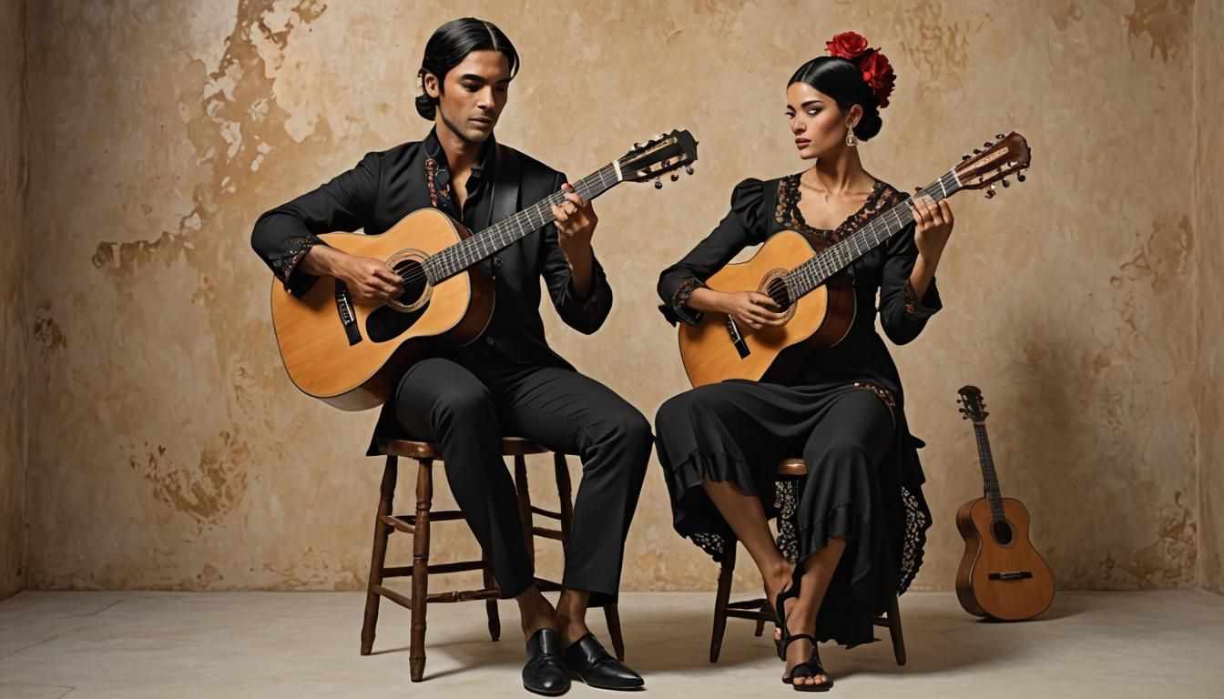 Dynamic Flamenco Dancer and Guitarist in Moonlight