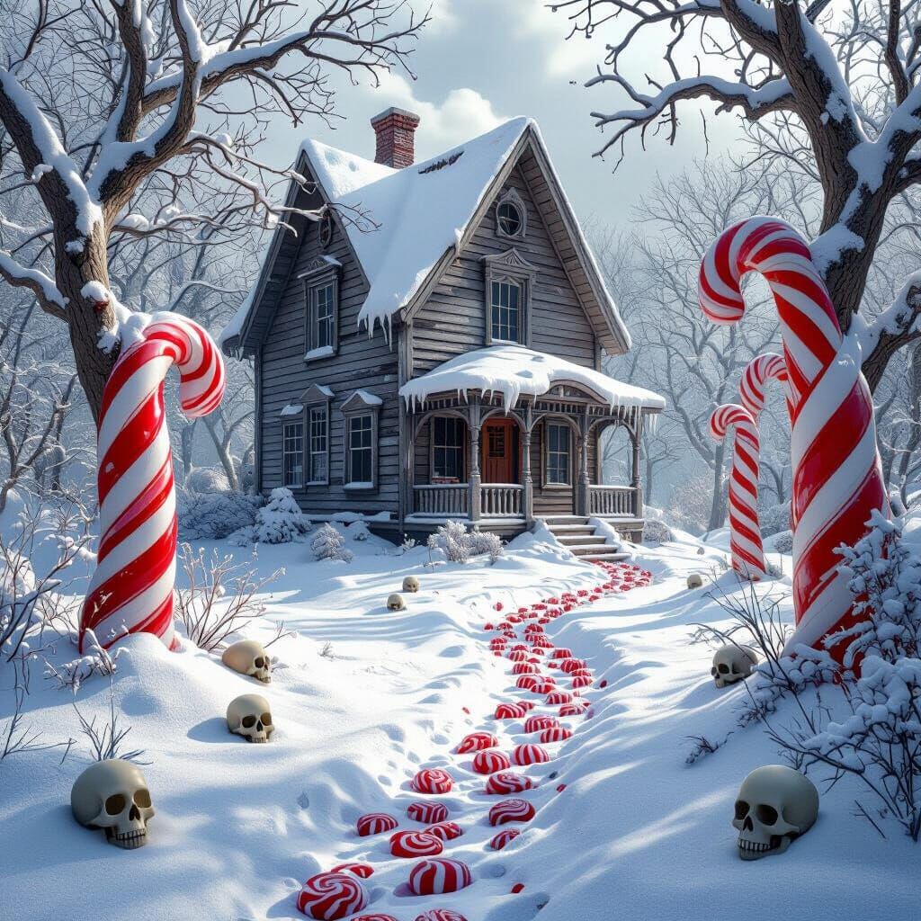 Fantastical Snowy House with Candy Trees and Gumdrop Path