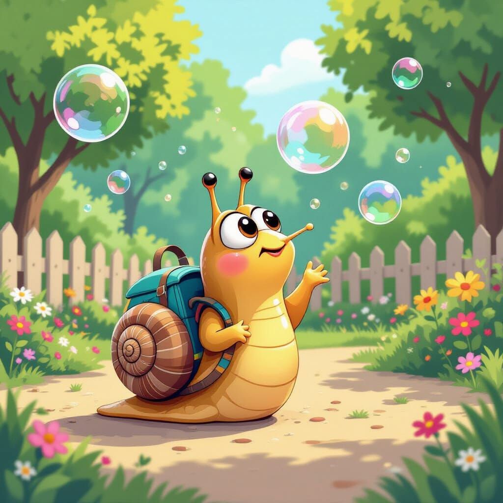 Cartoon Snail's Bubble Adventure in Pastel Colors