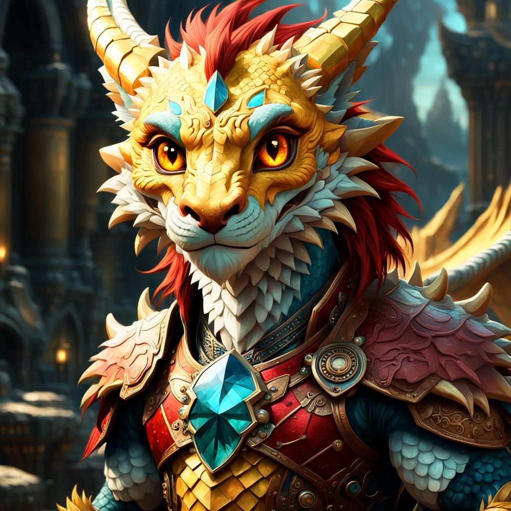 Anthro Dragon Portrait with Red Hair and Yellow Eyes