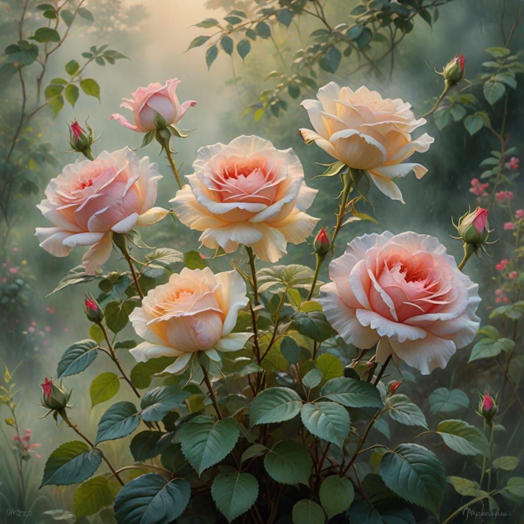 Serene Oil Painting of Ethereal Red Roses in Soft Pastel Hue...
