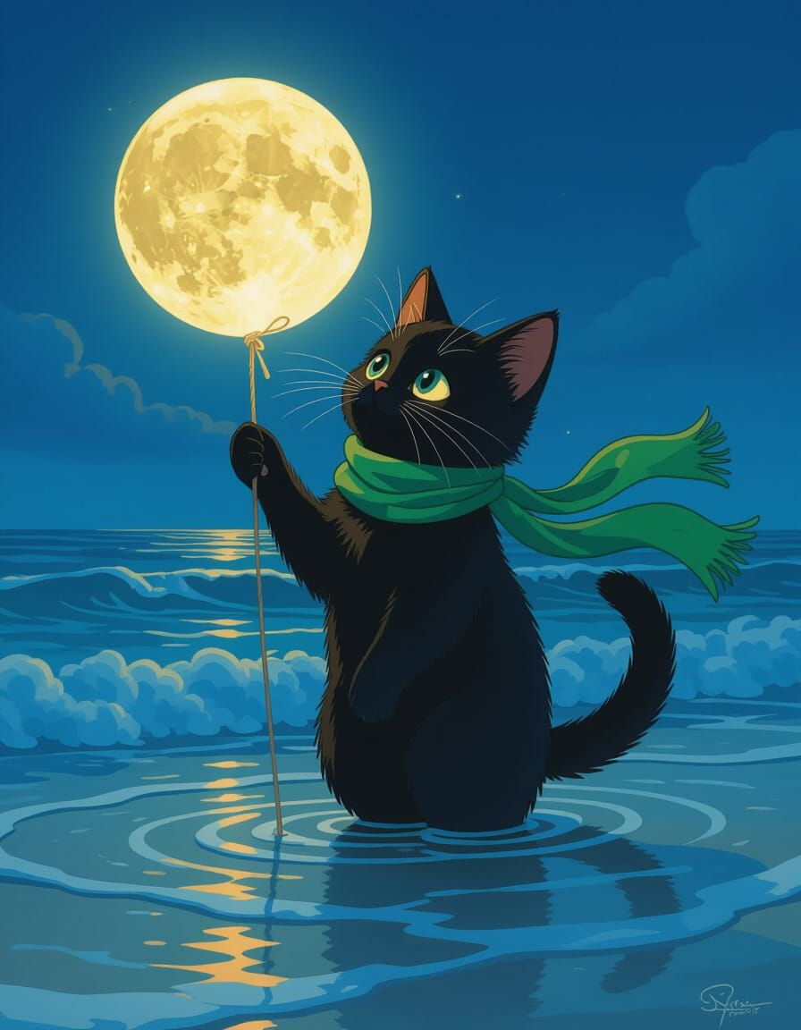 Magical Kitten Tethers Moon in Ghibli Style