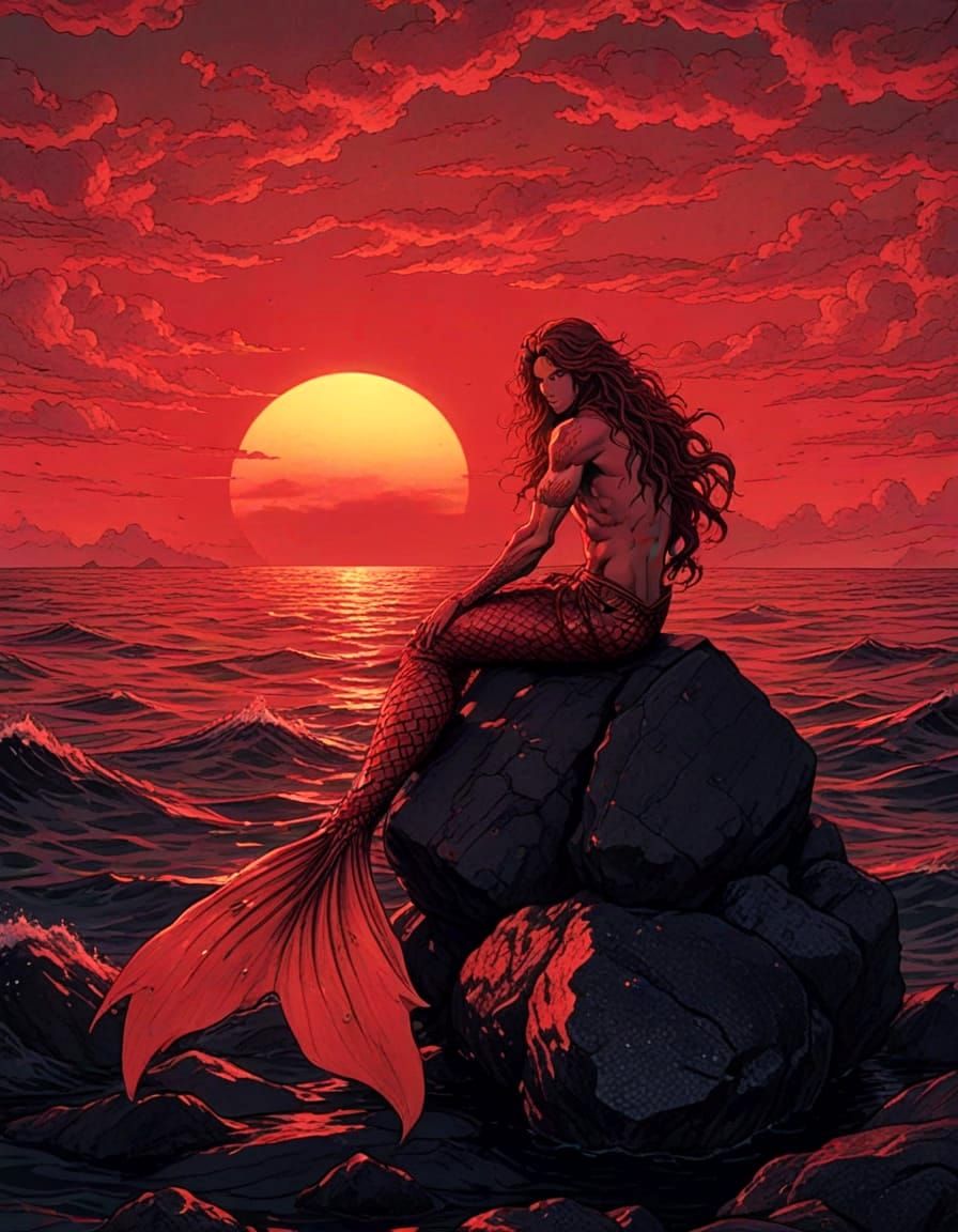 Fire Red Merman in Manga Fantasy Storybook Illustration