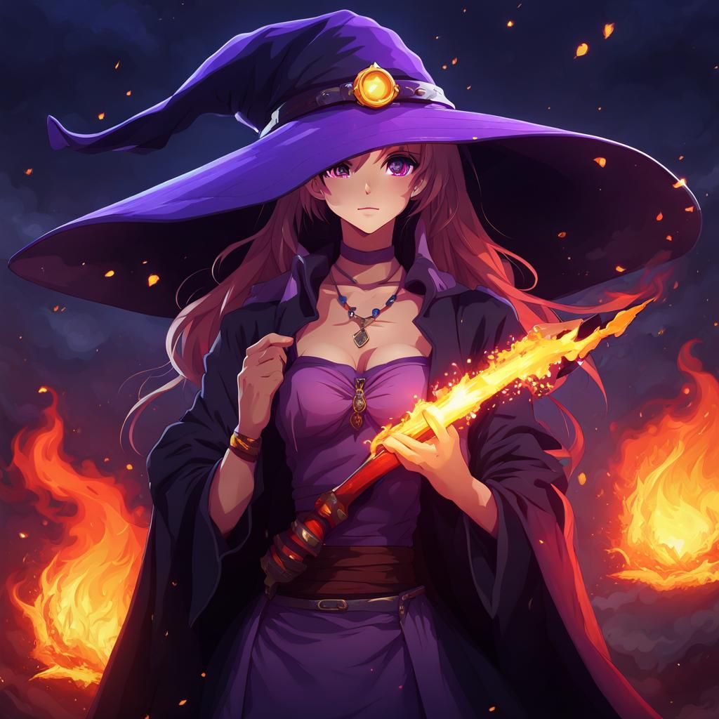 Cute Anime Fire Witch with Giant Hat