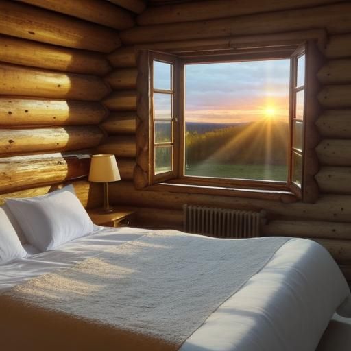 Cozy Bed in Log Cabin at Sunset