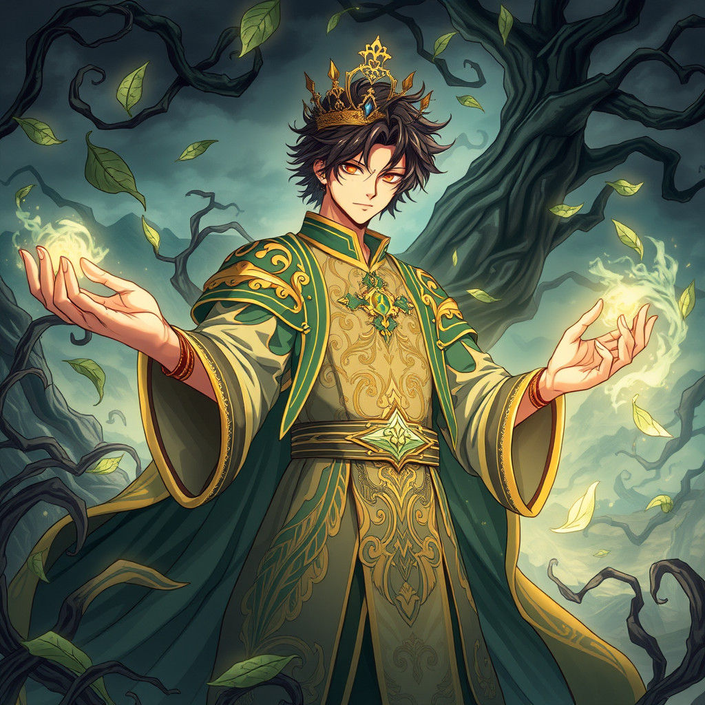 Anime Prince with Magical Powers in Stormy Landscape