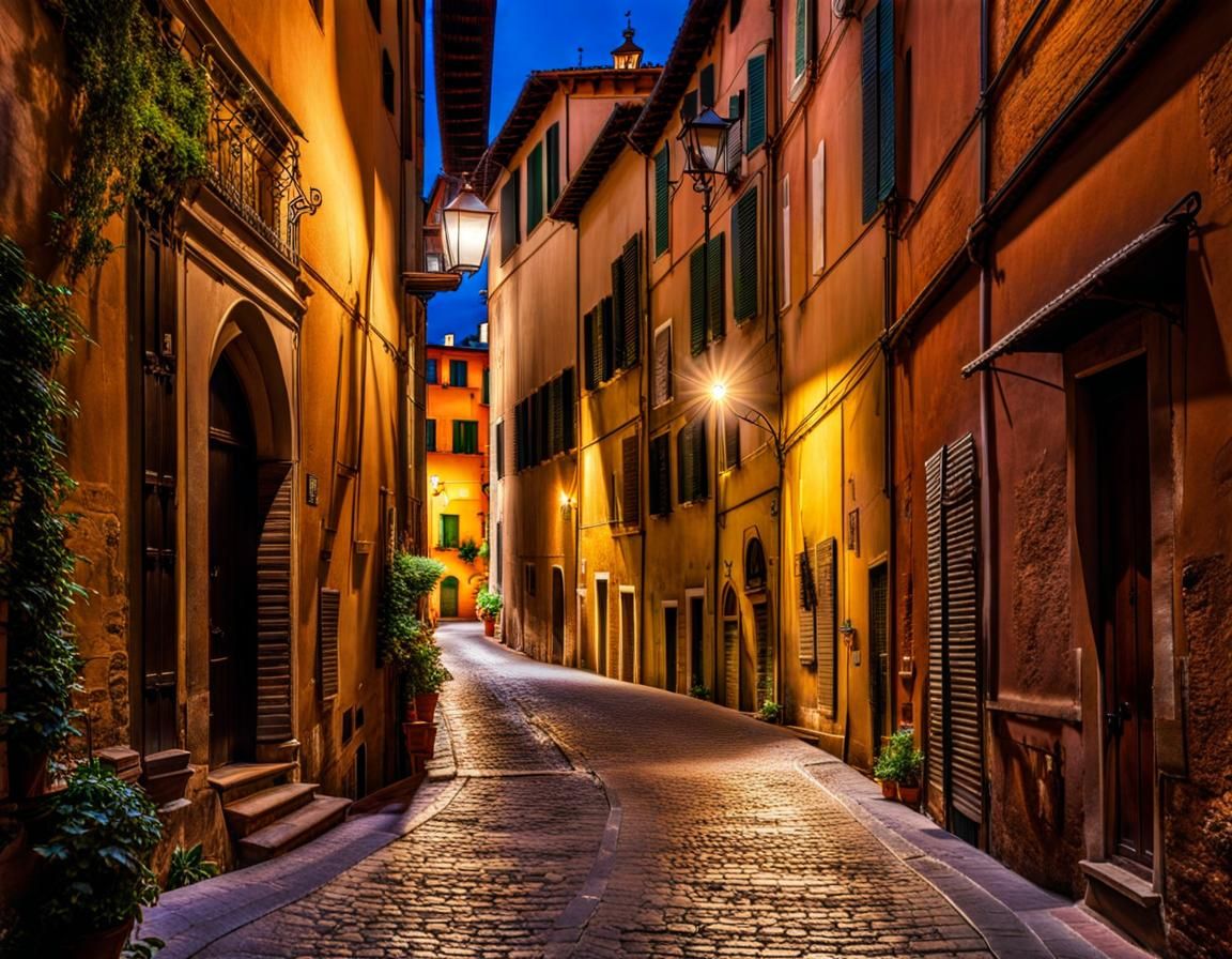 Nighttime Alley in Siena: Dramatic Shadows and Lights