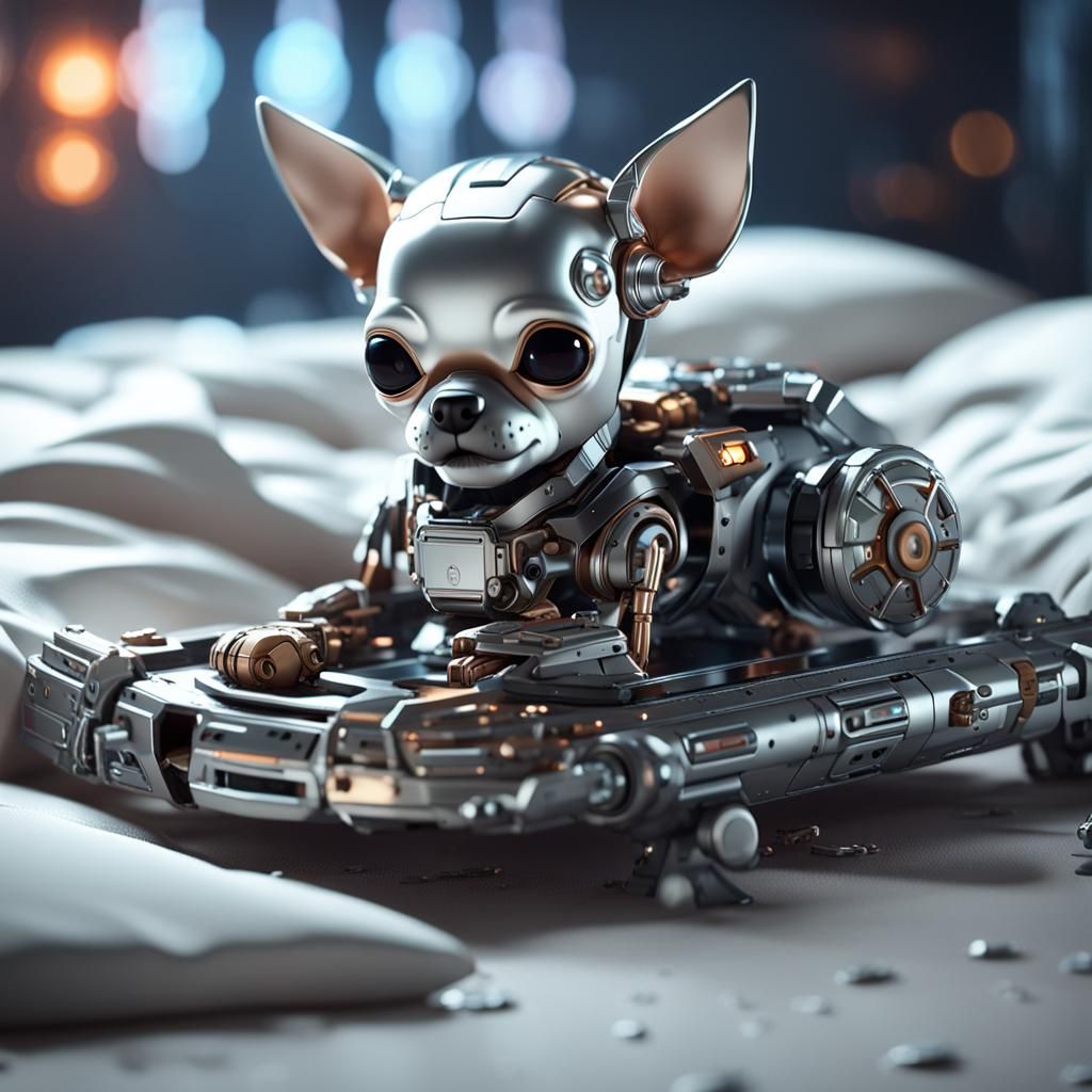 Cyborg Chihuahua Puppy Asleep: 3D Rendered Sci-Fi Art