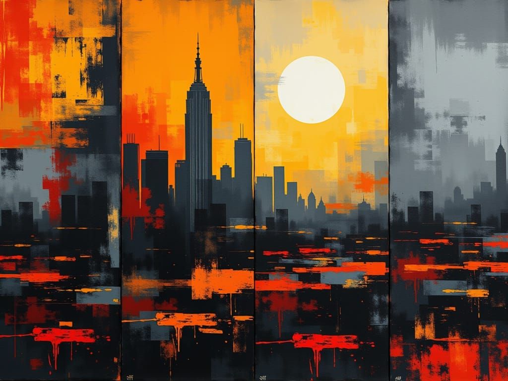 Gritty Cityscape with Fragmented Panels in a Dystopian Aesth...