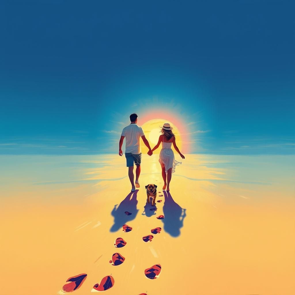 Couple and Puppy on Beach in Graffiti Art Style