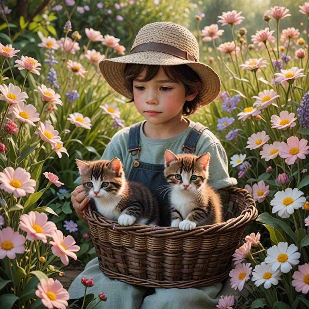 Whimsical Vintage Pastel Chalk Painting of Boy and Kittens i...