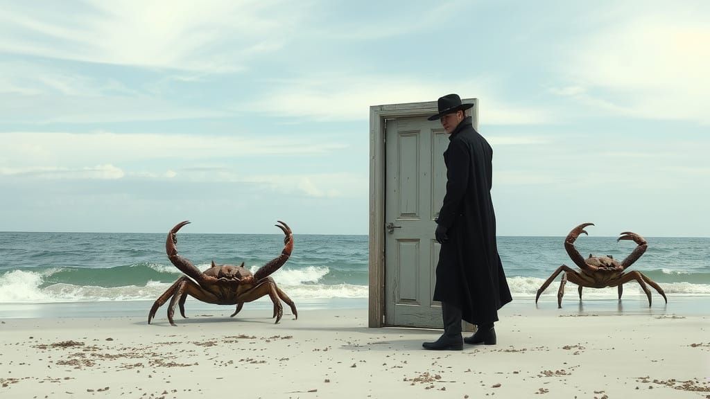 Surreal Beach Scene with Door, Creatures, and Gunfighter