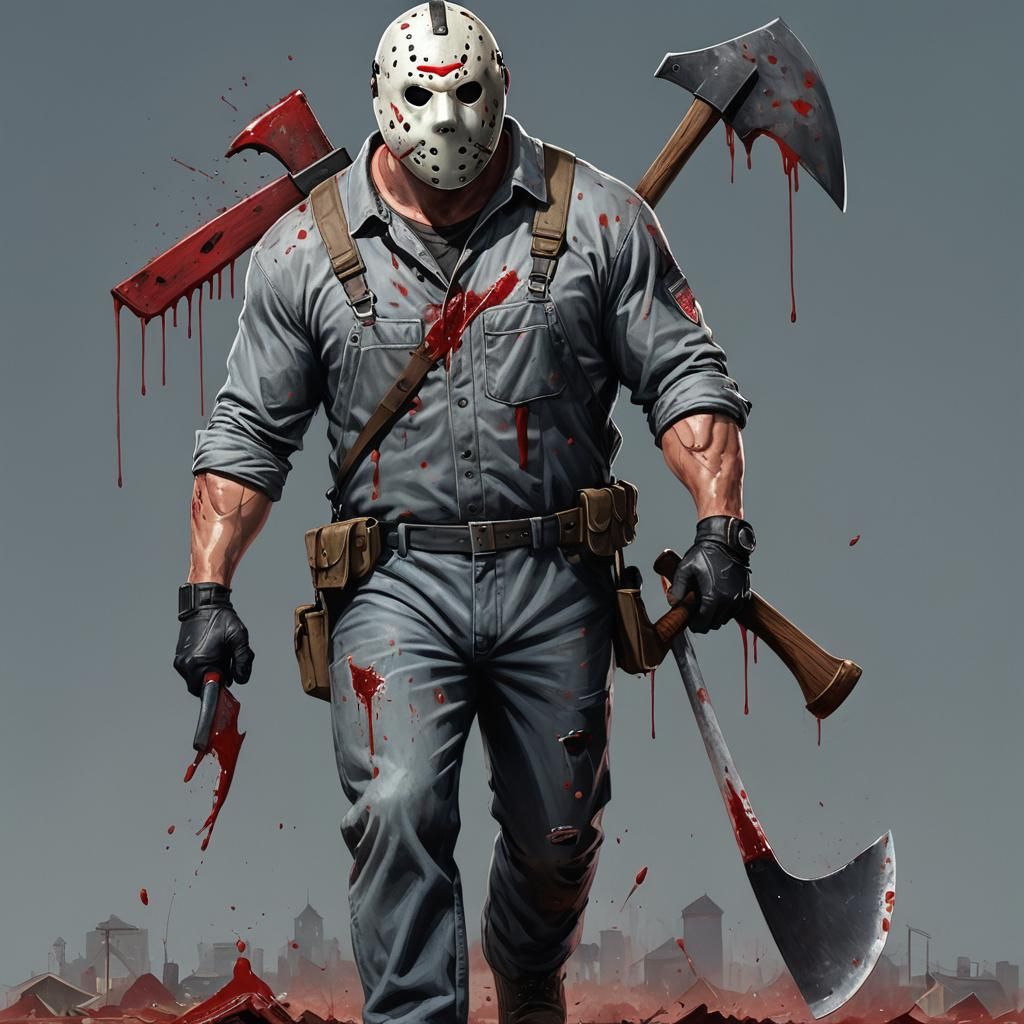 Muscular Man in Jason Mask with Bloody Axe