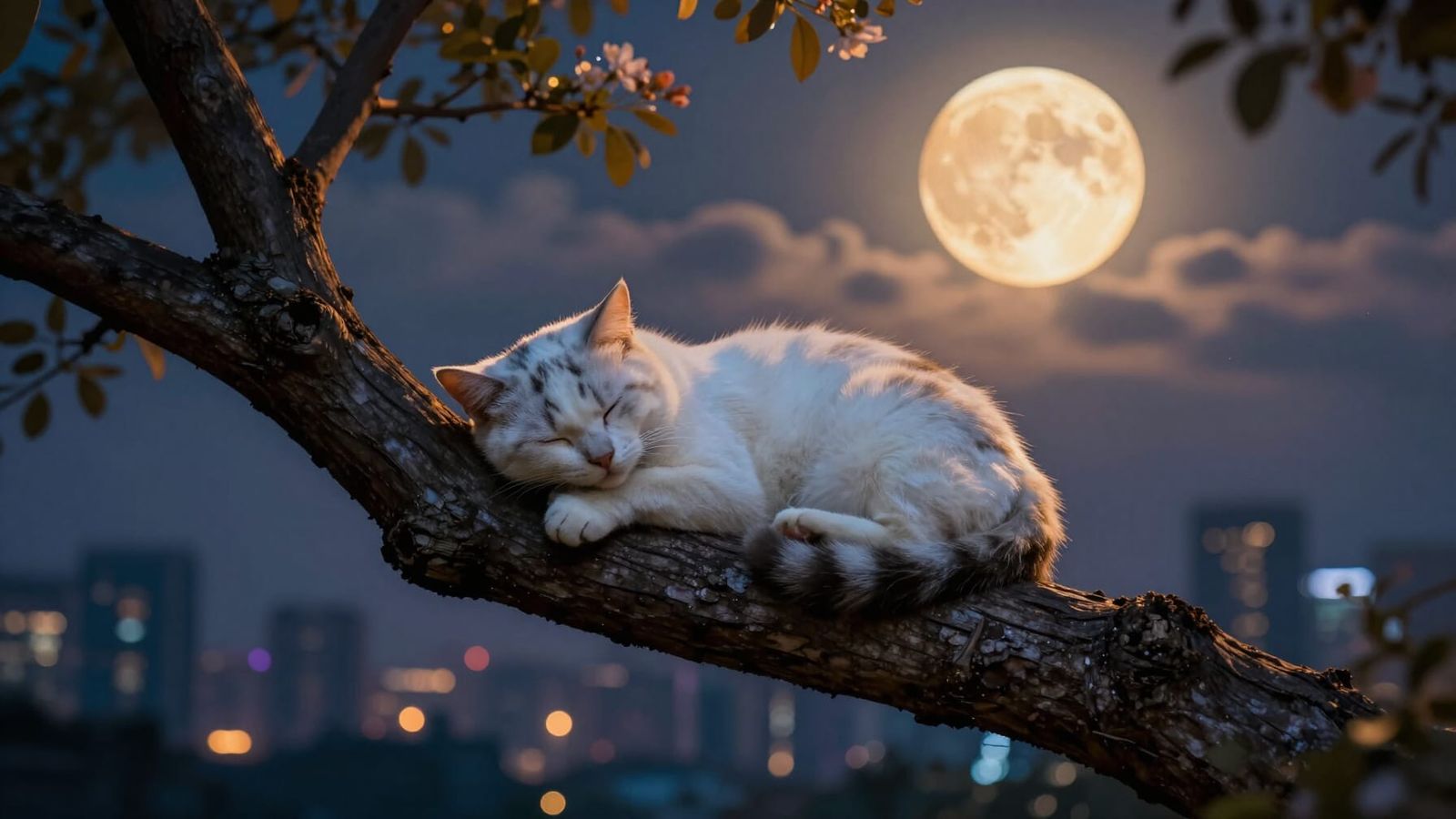 Spotted Cat Sleeps on Branch Under Orange Moon