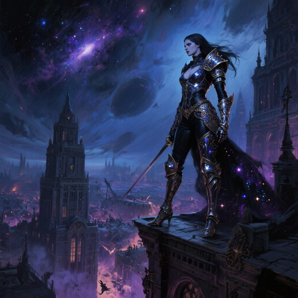 Cosmic Vampire Warrior on Victorian Skyscraper