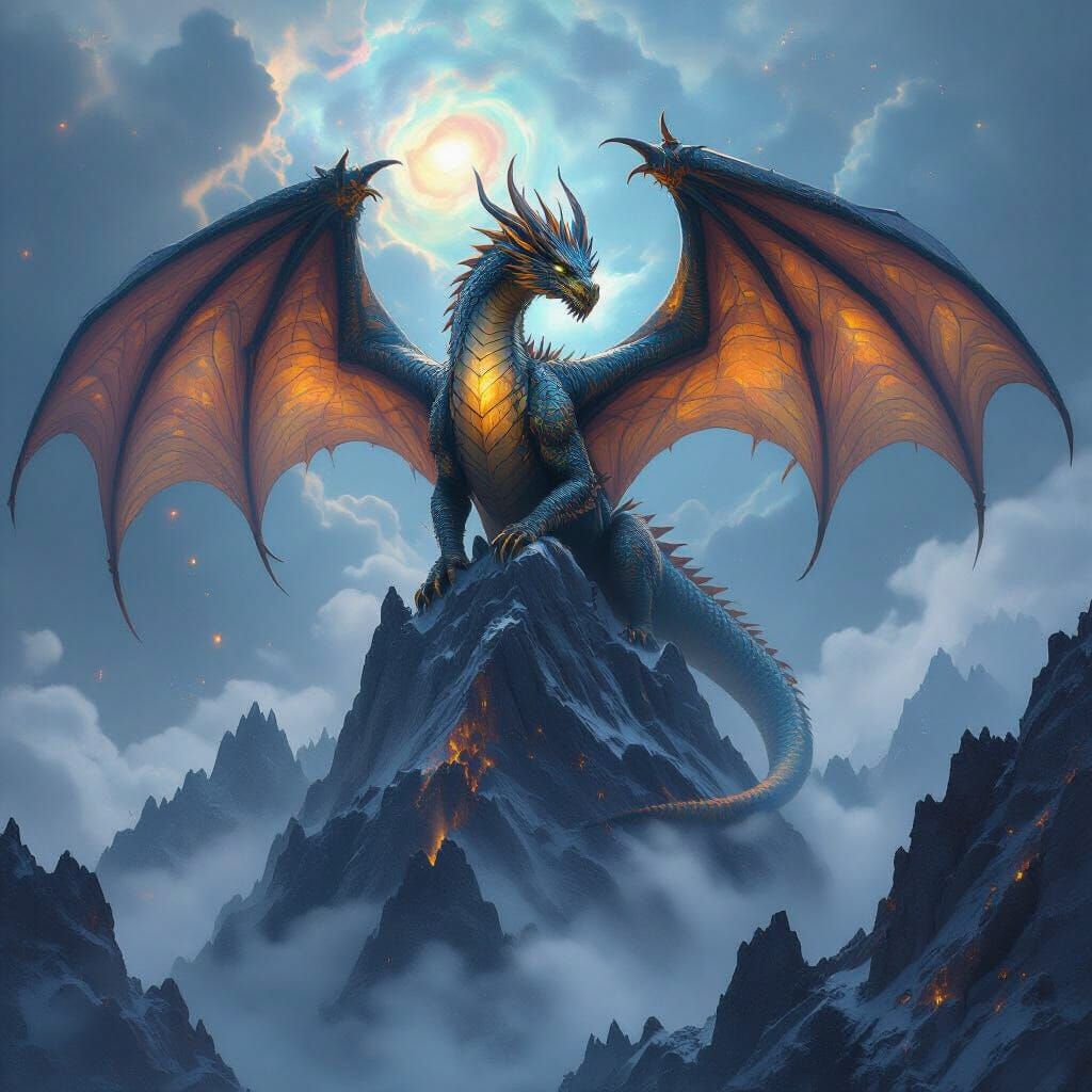 Hyperrealistic Dragon on Cosmic Mountain Peak